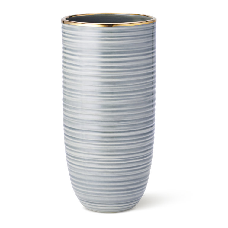 Gray Ceramic Cylinder Table Vase with Gold Rim