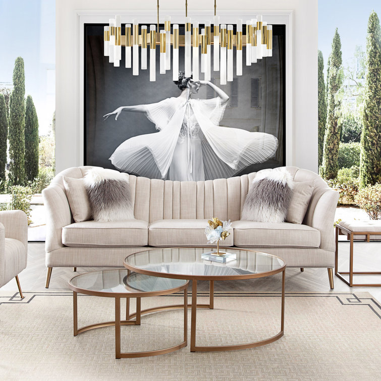 Sand Linen Tufted Sofa with Gold Metal Legs and Round Arms