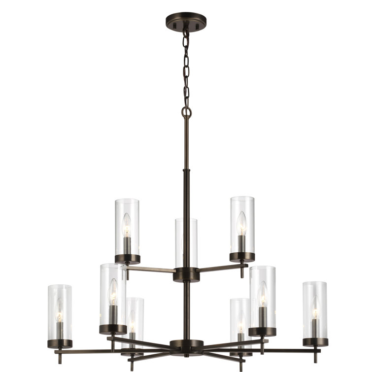 Elegant Minimalist 9-Light Brushed Bronze Chandelier with Clear Glass Shades