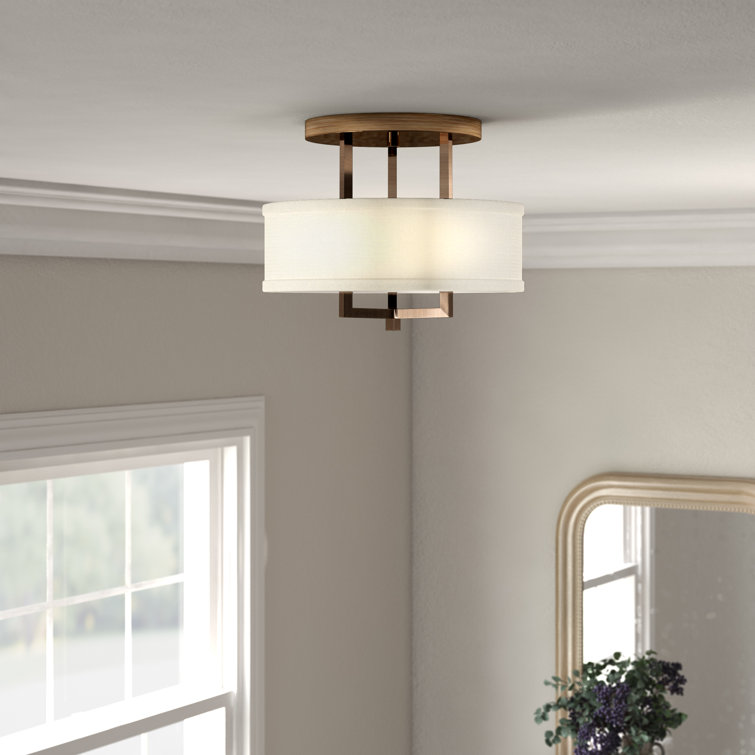 Brushed Bronze 26" Drum Semi-Flush Mount with Off-White Linen Shade