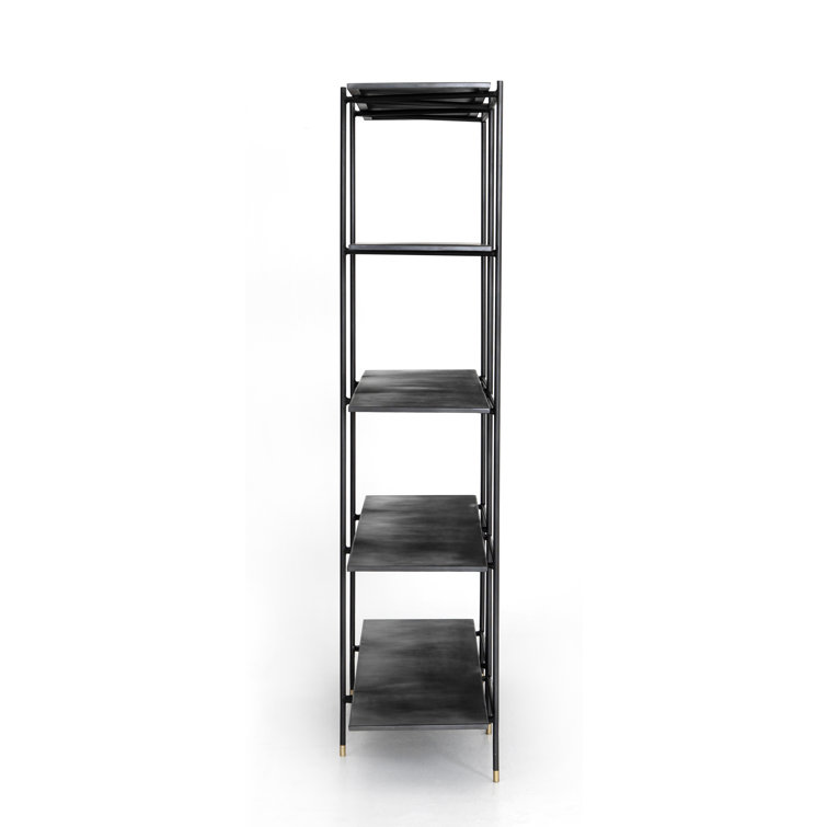 Cait Wide Industrial Black Iron Etagere Bookcase with Brass Accents