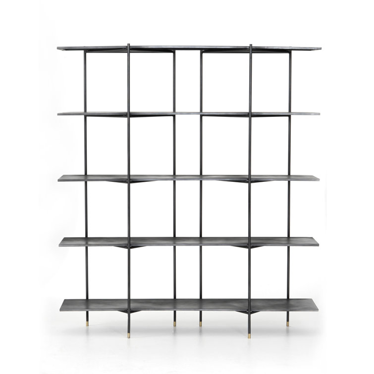 Cait Wide Industrial Black Iron Etagere Bookcase with Brass Accents