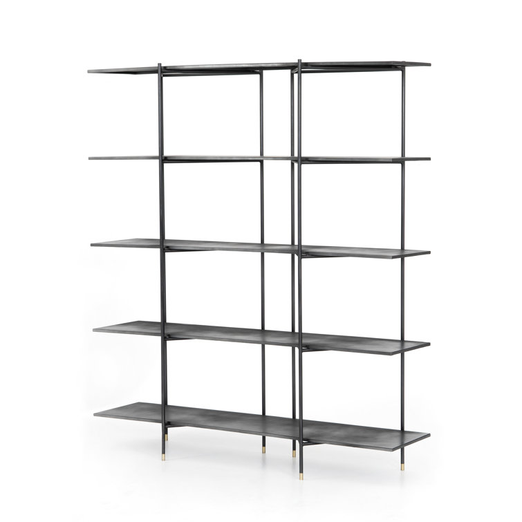 Cait Wide Industrial Black Iron Etagere Bookcase with Brass Accents