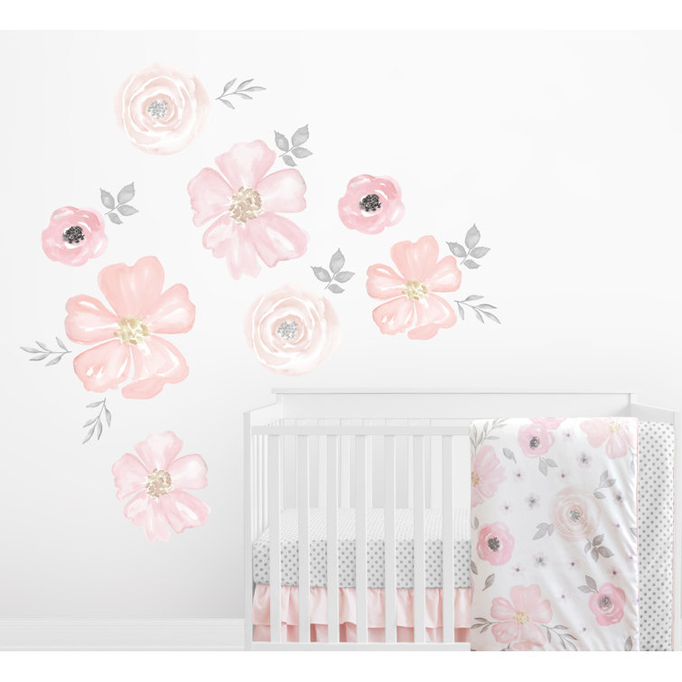 Blush Pink and Grey Watercolor Floral Nursery Wall Decals