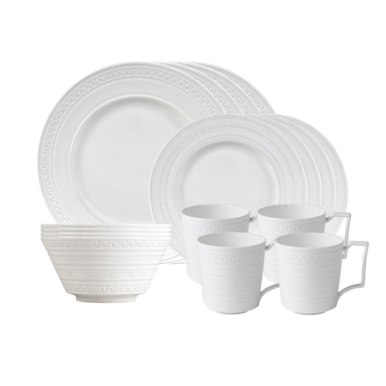 Intaglio Modern White Porcelain 16-Piece Dinnerware Set, Service for 4