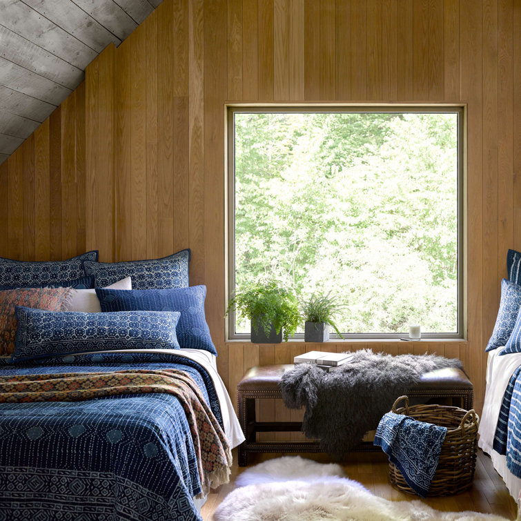 Indigo Cotton Standard Sham with Kantha Stitching