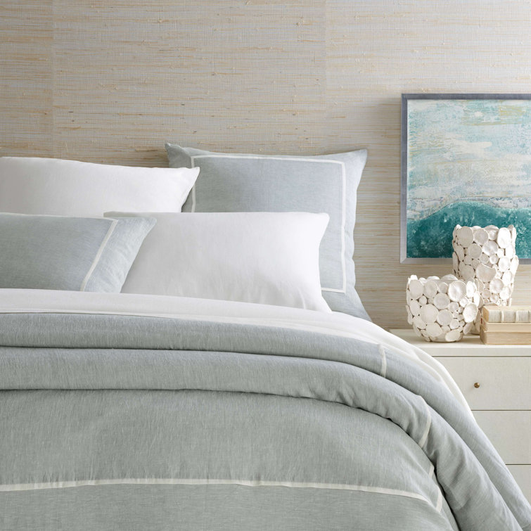 Sky Blue Linen Queen Duvet Cover with Piped Edges