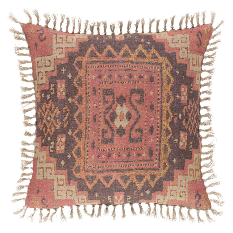 Anatolia Linen Kilim Print Square Throw Pillow with Fringe