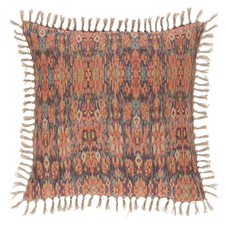 Anatolia Linen Kilim Print Square Throw Pillow with Fringe