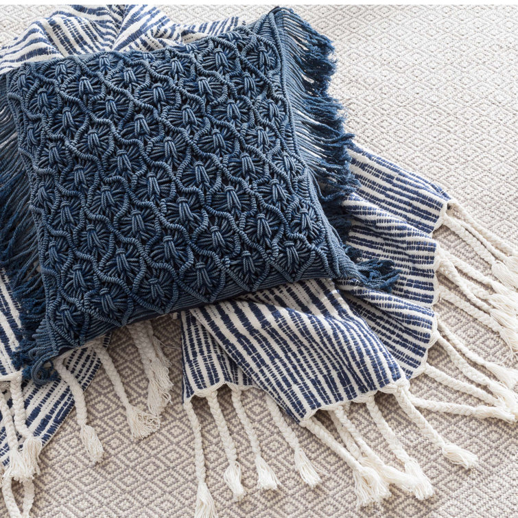 Cozumel Navy and White Handwoven Cotton Tribal Throw Blanket