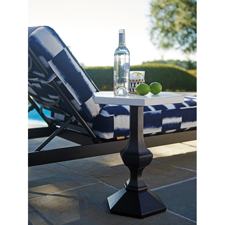 Transitional Black Hexagonal Accent Table with Limestone Top