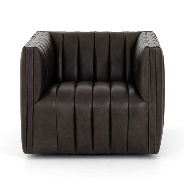 Deacon Wolf Genuine Leather 32" Modern Swivel Chair in Black