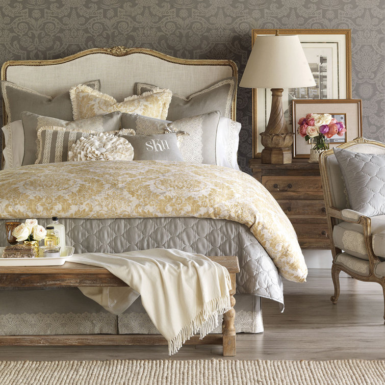 California King Beige Linen Damask Duvet Cover Set