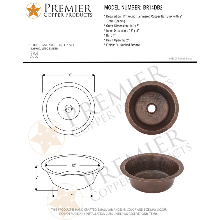 14" Round Hammered Copper Bar Sink in Oil Rubbed Bronze Finish