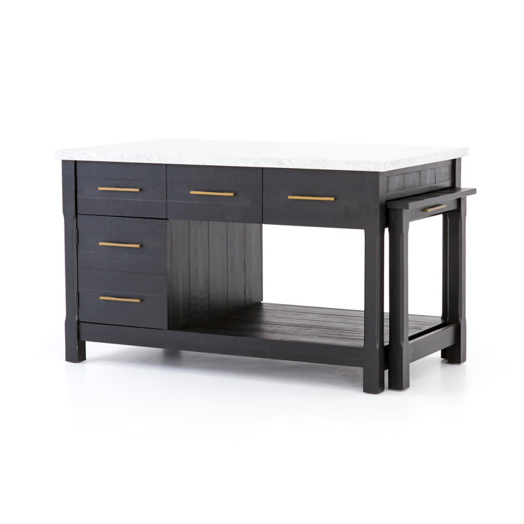 Elegant Black Acacia and White Marble 60" Kitchen Island