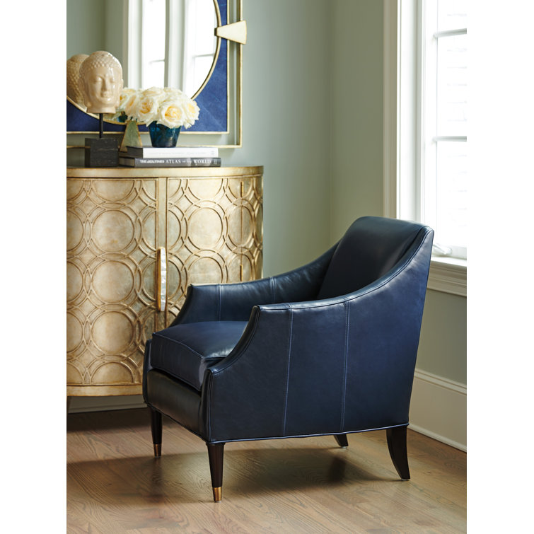Navy Blue Leather Armchair with Gold Accents