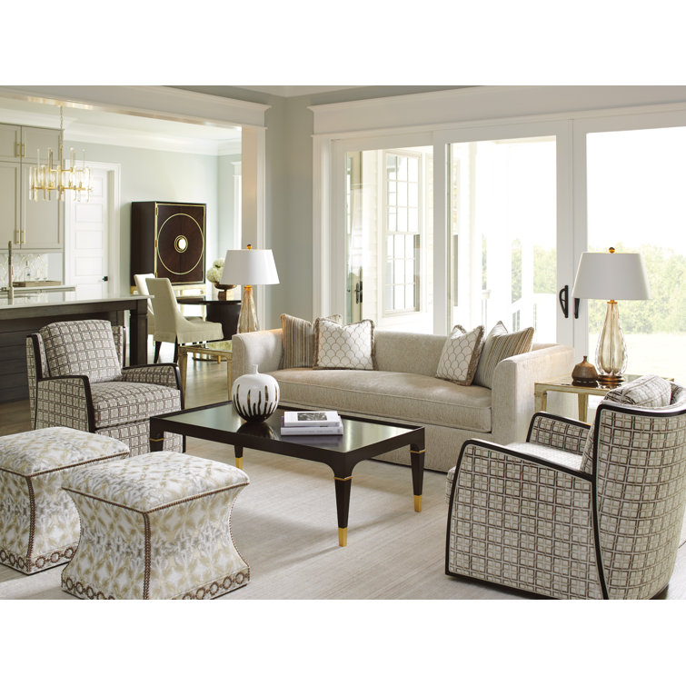 Lexington 22'' Gray Square Ottoman with Gold Tipping and Walnut Accents
