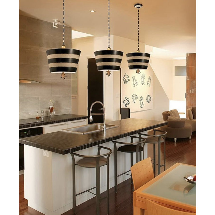 South Beach 15" Hand-Painted Black & Cream Pendant with Gold Accents