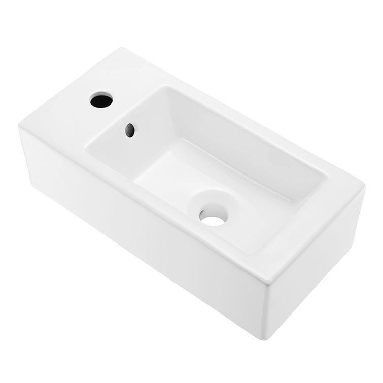 Glossy White Rectangular Ceramic Wall-Mount Sink with Left Faucet