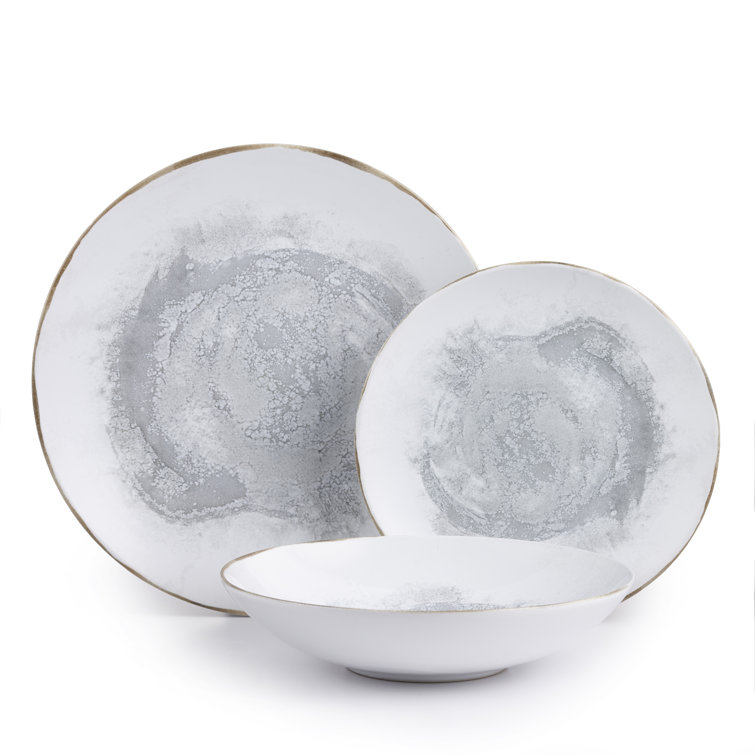 Gray and White Ceramic Stoneware Dinnerware Set for 4
