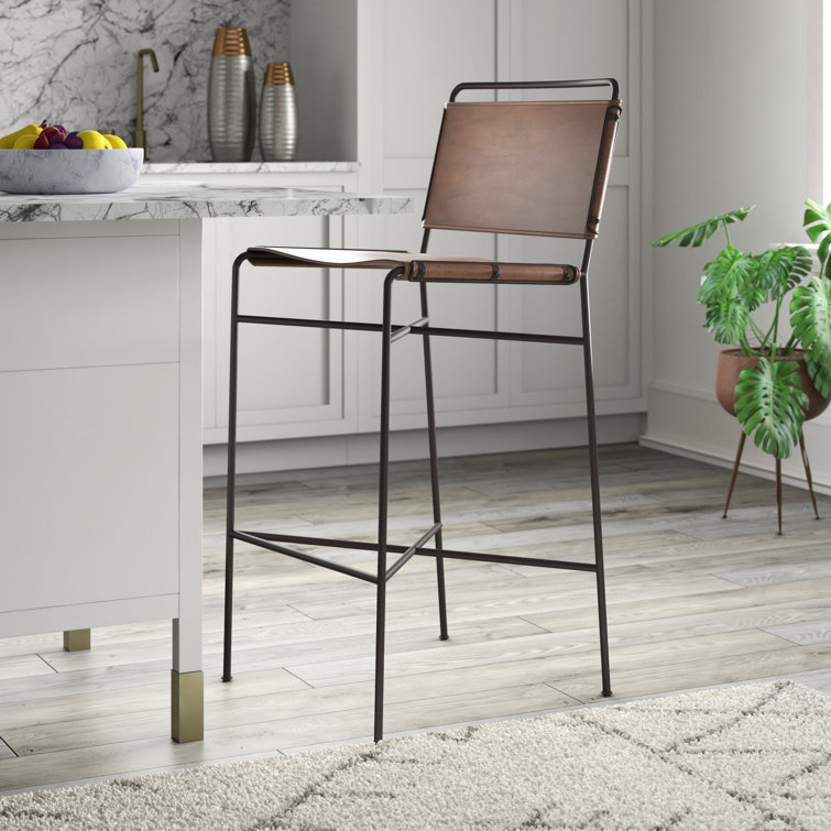 Distressed Brown Faux Leather and Iron Bar Stool