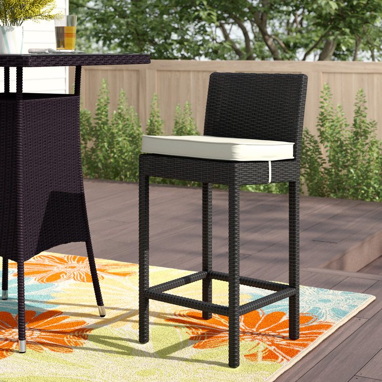 Espresso White Wicker Rattan Outdoor Bar Stool with Beige Cushion