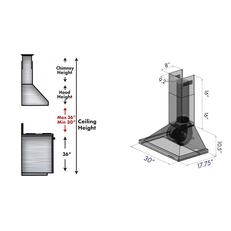 30" Stainless Steel Convertible Wall Mount Range Hood with Charcoal Filter