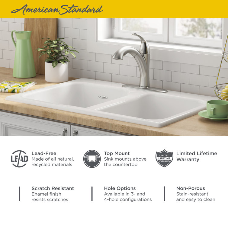 Quince 33'' White Cast Iron Double Bowl Drop-In Kitchen Sink