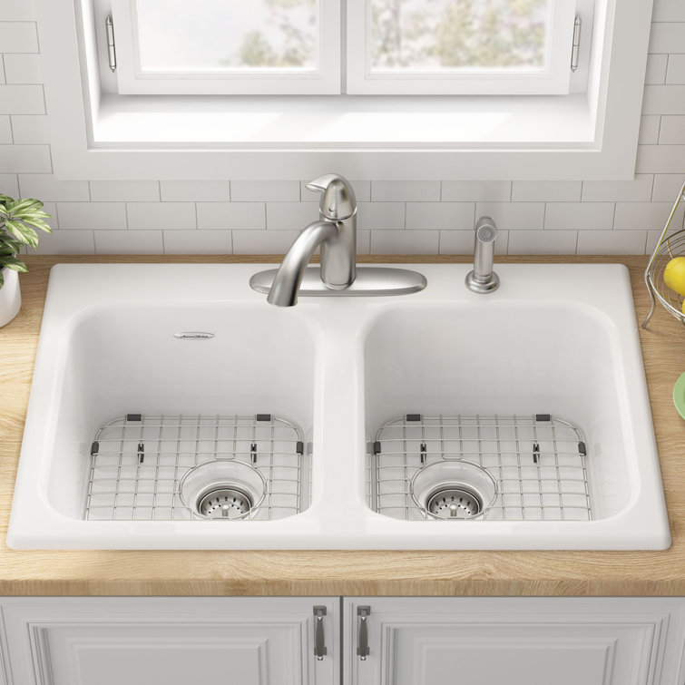 Quince 33'' White Cast Iron Double Bowl Drop-In Kitchen Sink