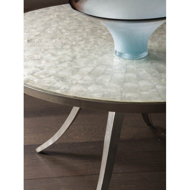 36" Transitional Silver Metal Round Cocktail Table with Capiz Inlay