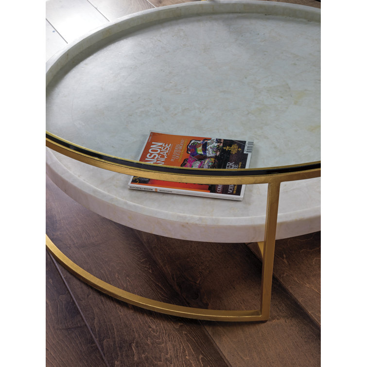 Large Round Gold Foil Iron Cocktail Table with Glass Top