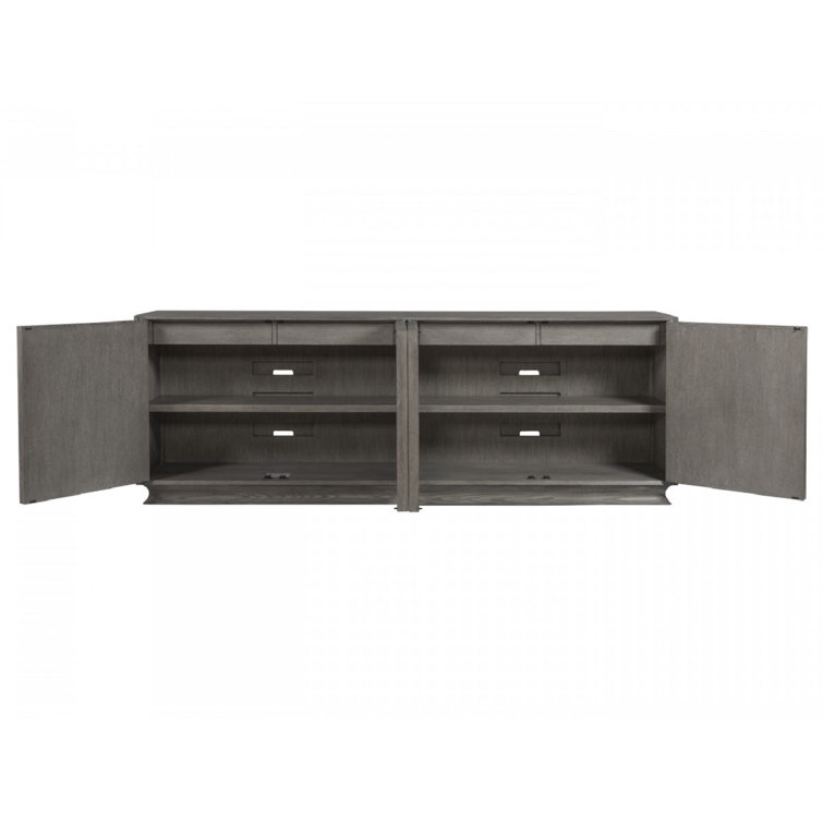 Mid-Century Modern Grey Oak Long Media Console with Raffia Accents
