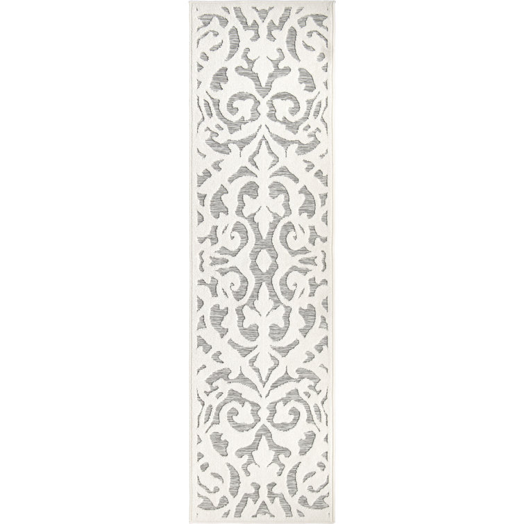 Natural Gray Damask Pattern Indoor Outdoor Runner Rug