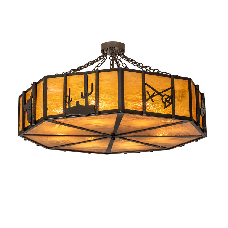 Rustic 8-Light Globe Chandelier with Honey Art Glass Panels
