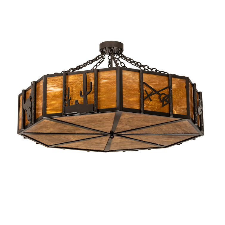 Rustic 8-Light Globe Chandelier with Honey Art Glass Panels