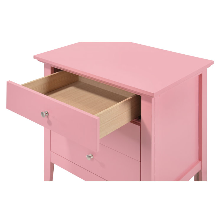 Transitional Pink 3-Drawer Nightstand with Nickel Accents