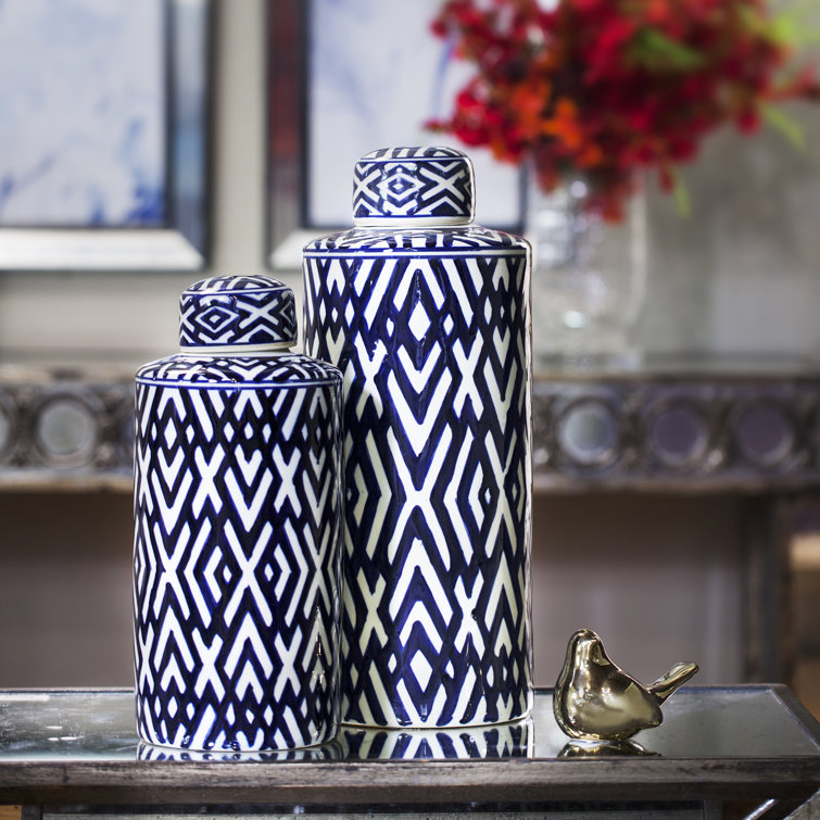Navy and White Ceramic Novelty Decorative Jar