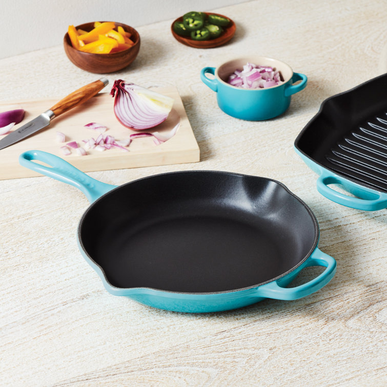 Caribbean Blue Enameled Cast Iron Skillet with Helper Handle