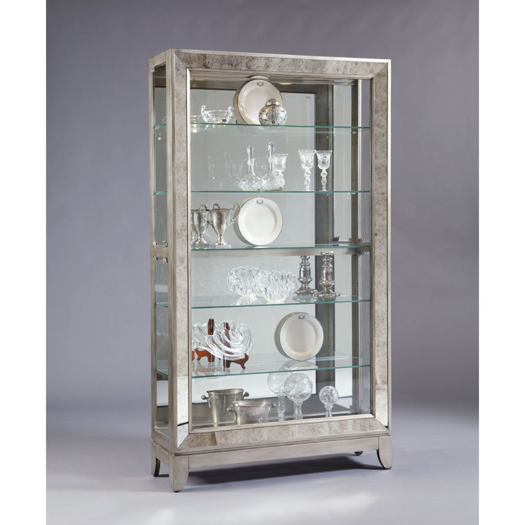 Aged Silver Lighted 5-Shelf Curio Cabinet with Poplar Wood Legs