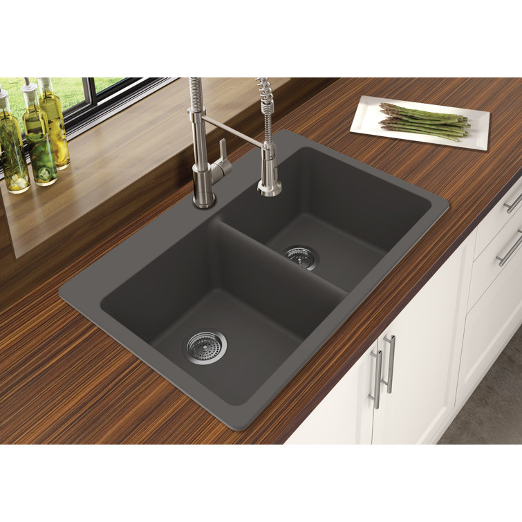 Gray Granite Quartz 33" Double Bowl Drop-In Kitchen Sink