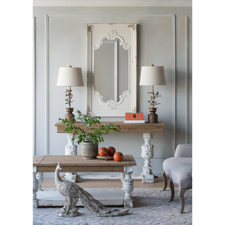Whitewash Fir Wood Rectangular Coffee Table with Storage and Carved Legs