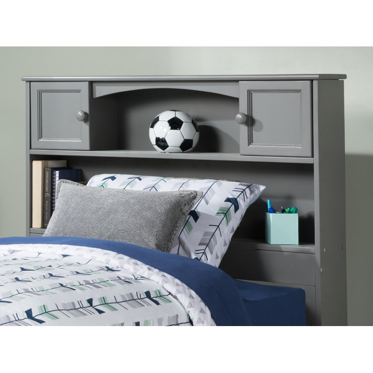 Gray Twin Wood Bookcase Headboard with Storage