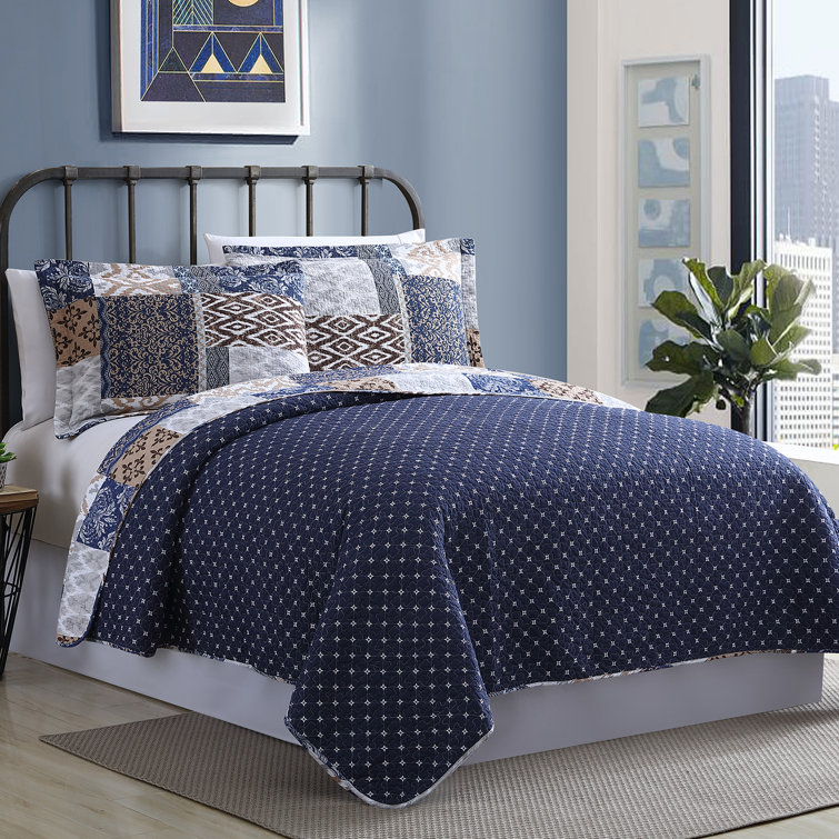 Blue and Beige Cotton Reversible Full Quilt Set