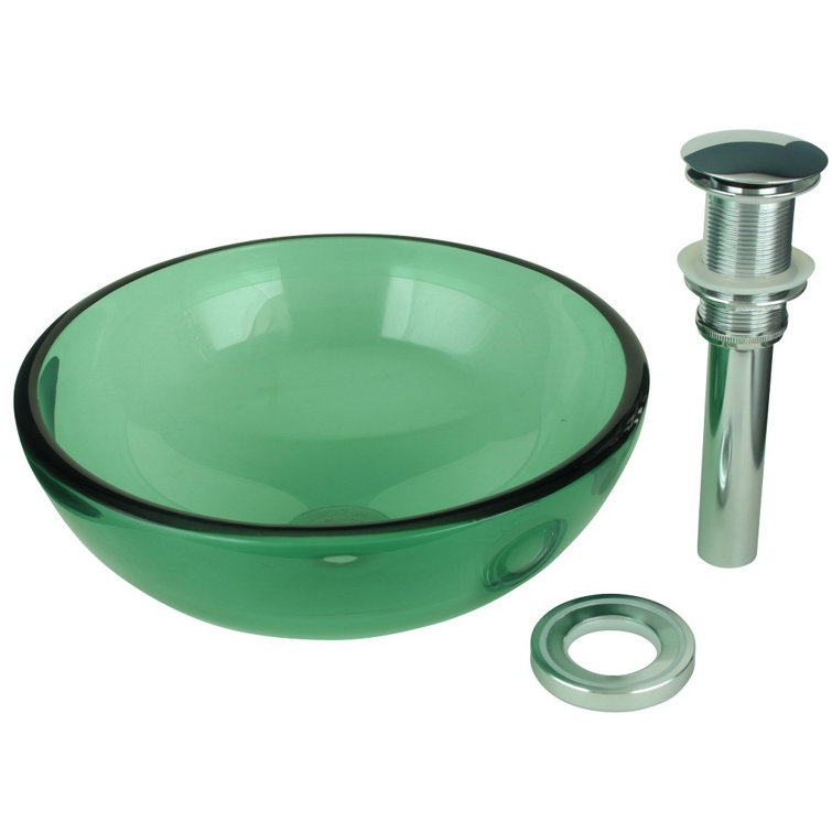 Green Tempered Glass Round Above-Counter Vessel Sink with Drain