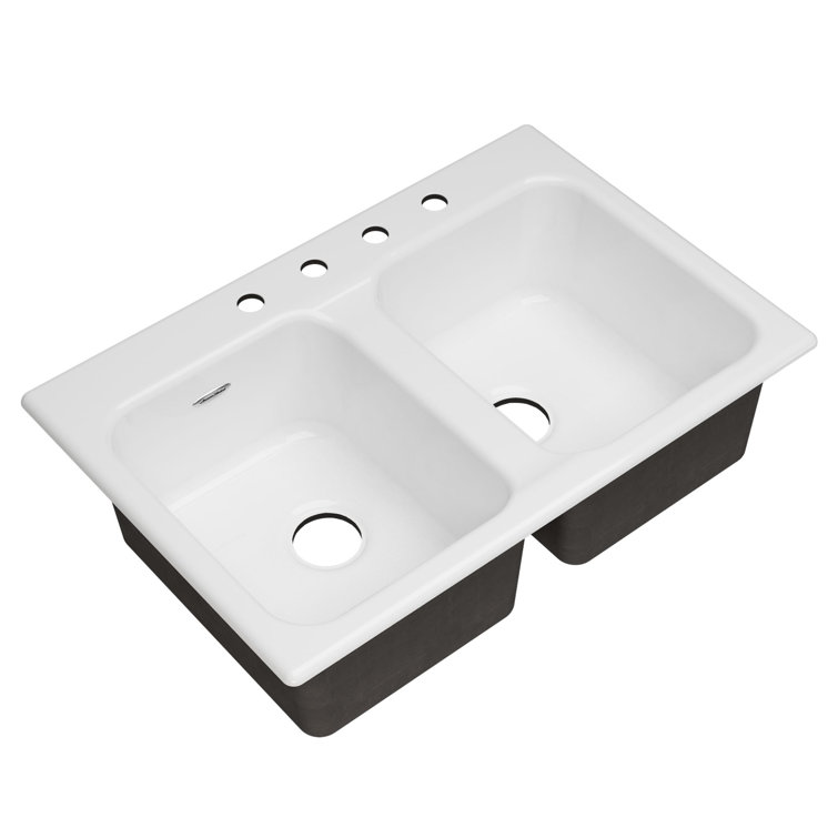 Quince 33'' White Cast Iron Double Bowl Drop-In Kitchen Sink
