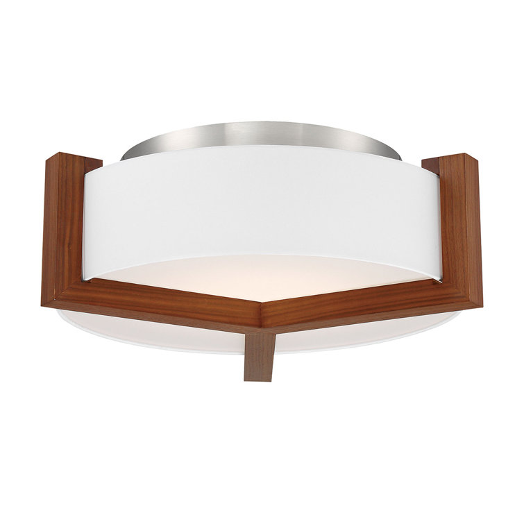 Walnut & Brushed Nickel LED Drum Flush Mount with White Linen Shade