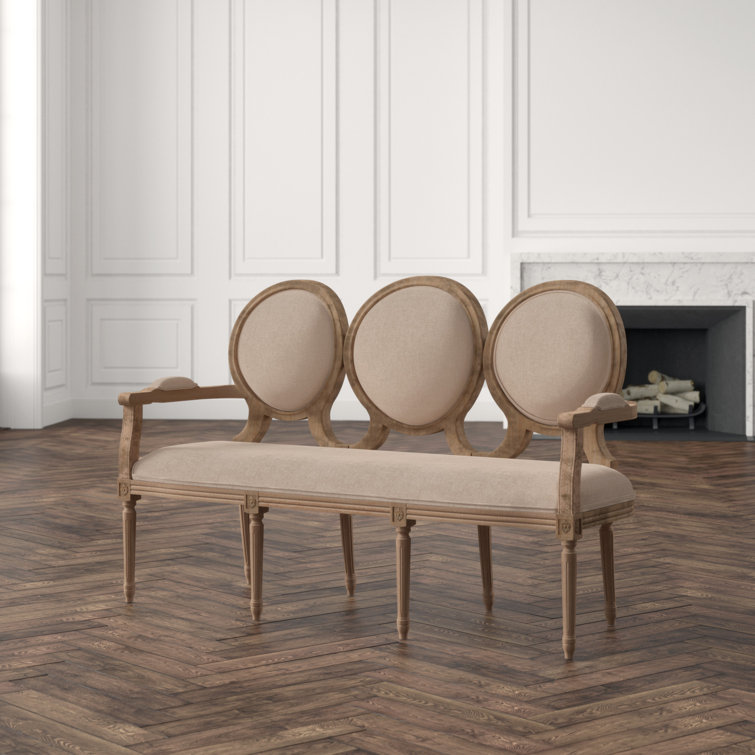 Natural Linen Upholstered Settee with Wood Frame