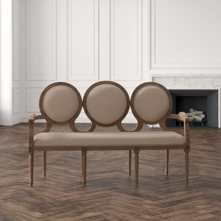 Natural Linen Upholstered Settee with Wood Frame