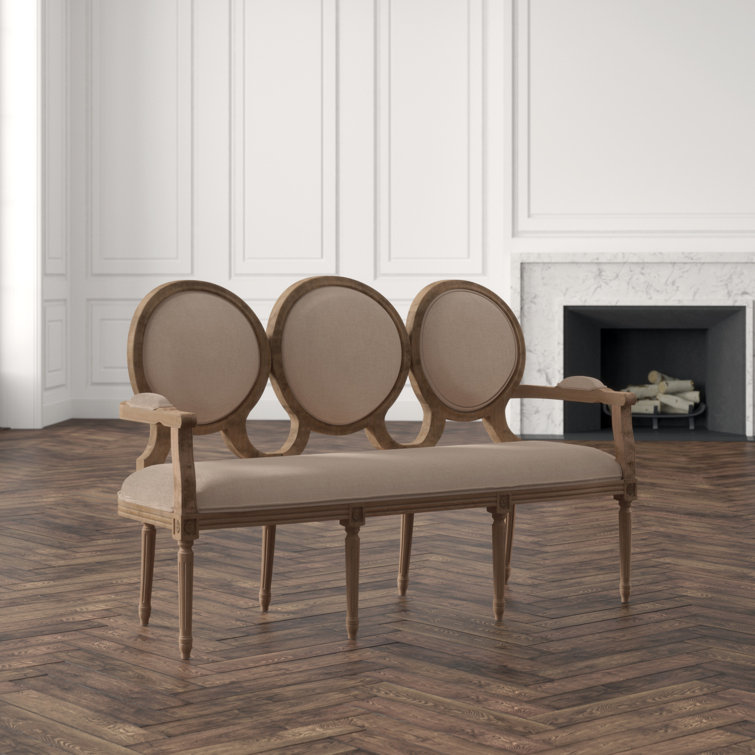 Natural Linen Upholstered Settee with Wood Frame