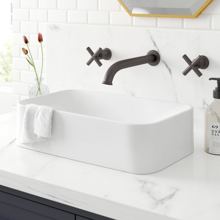 White Ceramic Rectangular Above-Counter Vessel Sink with Chrome Drain